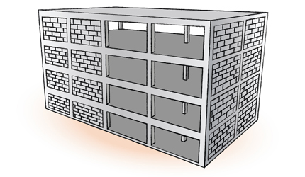 외부 및 내부에 공간 구획을 위한 비구조 벽체가 설치된 골조형식 건물